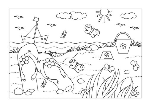 Coloring page. Summer vacation beach scene, flip-flops, boat, toy buckets. 
