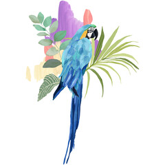 Acrylic abstract tropical composition of plants and parrot. Hand drawn card of bird, palm and eucalyptus. Floral illustration isolated on white background for design, print, fabric or background.