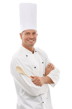 Happy man with spoon in portrait, chef and cooking skill in hospitality isolated on transparent, png background. Culinary service, professional male cook and smile, expert in cuisine and fine dining