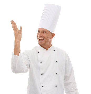 Man, excited chef and hand advertising food, menu and cooking skills. Happy and professional male culinary person showing restaurant promotion or recipe isolated on a transparent, png background