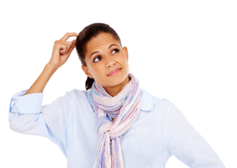 Confused, thinking and woman scratching her head for confusion, decision or problem solving. Puzzled, wondering and female model with doubt, idea or question isolated on a transparent png background.