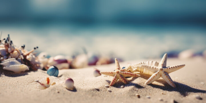 Beautiful sand beach with a starfishes and seashells AI generative art