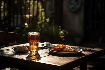 Glass of beer on a a picnic table with meat and vegetables at english countryside, Glass of beer and food bbq in garden outdoor with sunlight, generative ai
