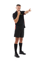 Referee, whistle and pointing for a foul with a man isolated on a transparent background for sports control. Rules, warning and authority with a male official blowing for a game infringement on PNG
