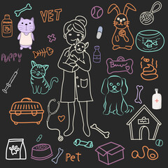 Set of hand drawn characters veterinary medicine doodle. Vector. Illustration on white background.