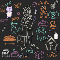 Obraz premium Set of hand drawn characters veterinary medicine doodle. Vector. Illustration on white background.