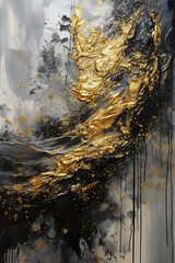 Abstract acrylic painting of gray black and gold splashes, harmony, peace, tranquility,  generative ai