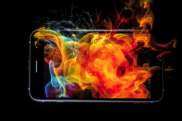 Smartphone engulfed in fiery, psychedelic tongues of flames. Generative AI
