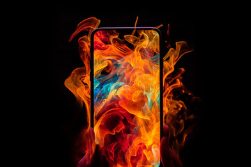 Smartphone engulfed in fiery, psychedelic tongues of flames. Generative AI