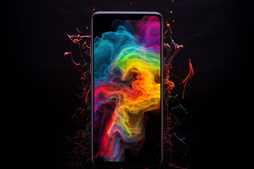 Smartphone engulfed in psychedelic tongues of flames. Generative AI