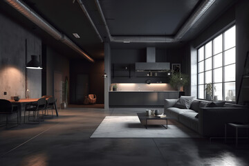 Fototapeta na wymiar Modern dark home interior promoting clean energy. Generative AI
