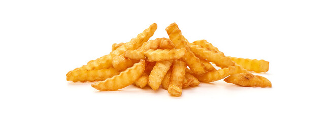 Deep Fried French fries, potato fry, close-up, isolated on white background.