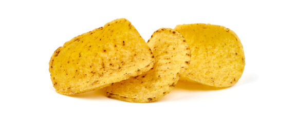 Mexican nachos chips, corn tortilla crisps, isolated on white background.