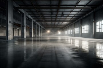 Fototapeta na wymiar 3D render of an empty grey industrial hall with LED lights and glossy concrete floor. Generative AI