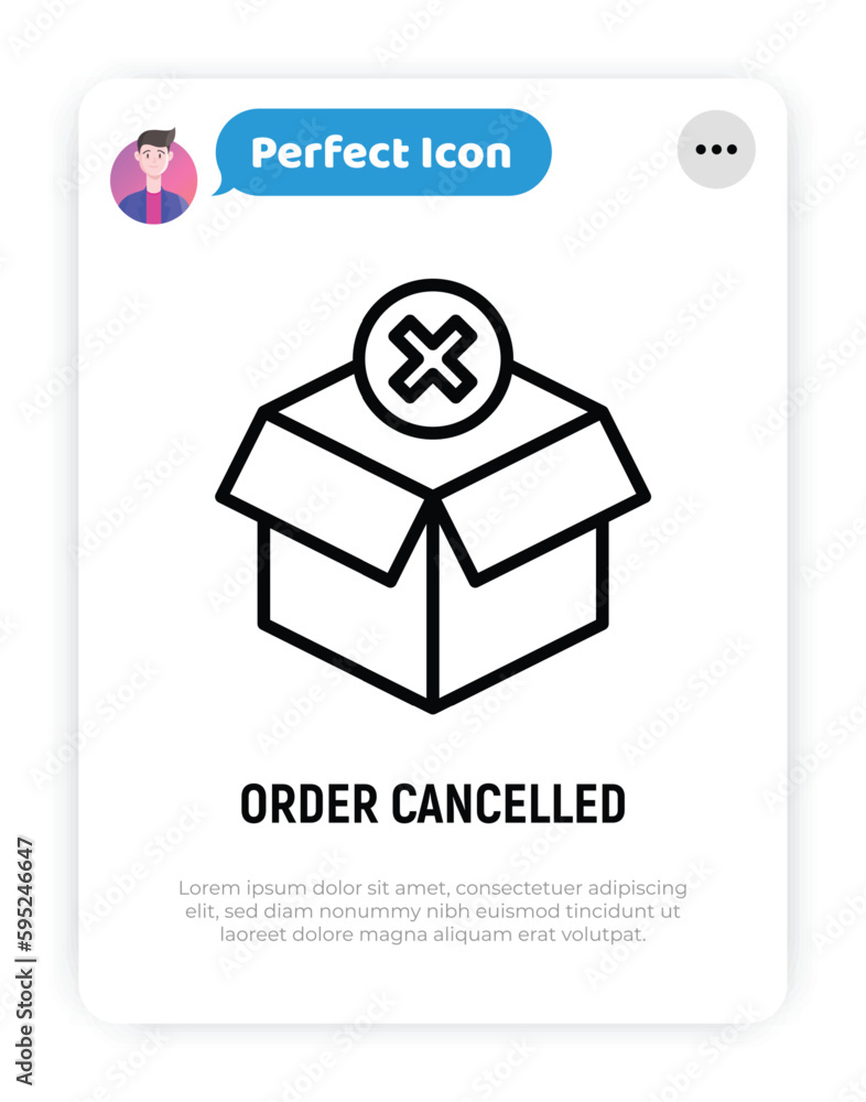 Poster order cancelled thin line icon. opened package with cross mark. parcel declined. modern vector illus