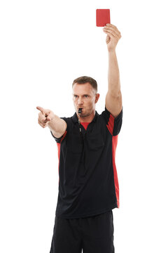 Whistle, referee or man pointing with a red card warning sign or penalty review in sports game or match. Blowing or serious person with rules or caution isolated on transparent png background