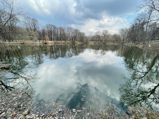 Pond in Lefortovo Park in spring. Moscow