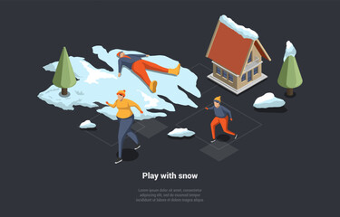 Concept Of Winter Holidays And Family Vacations. Happy Teenagers Having Winter Fun Together Outdoor. Happy People Are Playing Catch-Up, Lying In On The Snow. Isometric 3D Cartoon Vector Illustration