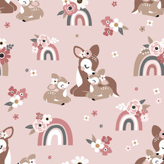Seamless vector pattern with cute vintage deer, mom and baby fawn with rainbows and tiny flowers. Perfect for textile, wallpaper or nursery print design.