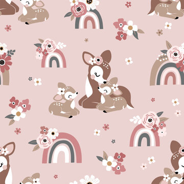 Seamless Vector Pattern With Cute Vintage Deer, Mom And Baby Fawn With Rainbows And Tiny Flowers. Perfect For Textile, Wallpaper Or Nursery Print Design.