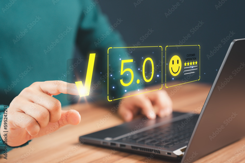 Poster man are touching the virtual screen on the happy smile face icon to give satisfaction in service. op