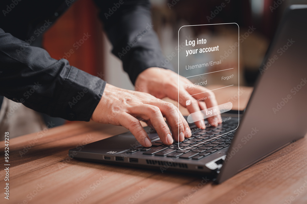 Poster Young man typing his user and password on a computer laptop. Secure encryption and access to the user's private information to access the internet. Cyber security concept to protect personal data.