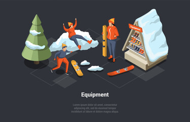 Winter Holidays And Family Vacations Concept. Happy Characters Renting Snowboards And Coach At Ski Equipment Store Resort. People Enjoy Winter And Have Lot Of Fun. Isometric 3D Vector Illustration