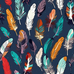 seamless pattern bright colorful feathers on purple background. Flat style design. Concept for carnival, exotic, festive poster, flyer, banner, generative ai