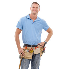 Portrait, building and PNG with an engineer man isolated on a transparent background for maintenance. Construction, diy and smile with a happy mature contractor or handyman working on a labor project - obrazy, fototapety, plakaty
