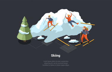 Concept Of Winter Holidays And Ski Resort Vacations. Luxury Ski Resort Hotel With Snowy Roofs. Man And Woman Skiing Downhill And Have Lots Of Fun Together. Isometric 3D Cartoon Vector Illustration