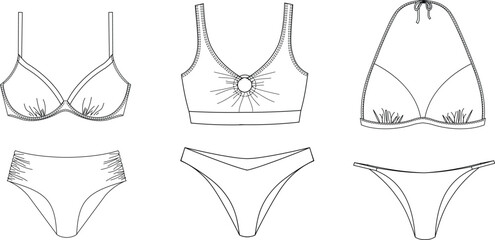 Woman sustainable swimwear, technical drawing, template, sketch, flat, mock up. Recycled PA, Recycled PES, Lycra fabric swimwear front view, white color