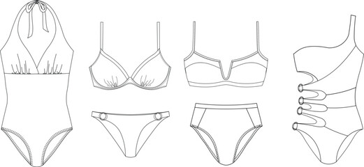Fototapeta premium Woman sustainable swimwear, technical drawing, template, sketch, flat, mock up. Recycled PA, Recycled PES, Lycra fabric swimwear front view, white color
