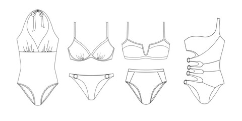 Woman sustainable swimwear, technical drawing, template, sketch, flat, mock up. Recycled PA, Recycled PES, Lycra fabric swimwear front view, white color