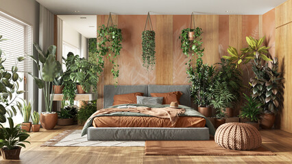 Urban jungle, modern bedroom in orange and wooden tones. Master bed, parquet floor and decors, houseplants. Home garden interior design. Love for plants concept