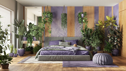 Urban jungle, modern bedroom in purple and wooden tones. Master bed, parquet floor and decors, houseplants. Home garden interior design. Love for plants concept