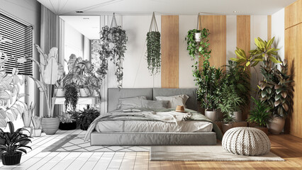 Architect interior designer concept: hand-drawn draft unfinished project that becomes real, urban jungle, modern bedroom. Master bed, parquet floor and houseplants. Home garden