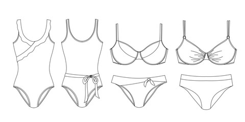 Woman sustainable swimwear, technical drawing, template, sketch, flat, mock up. Recycled PA, Recycled PES, Lycra fabric swimwear front view, white color