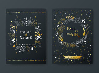 Gold color cards with floral branches on the dark background. Autumn cards or posters templates