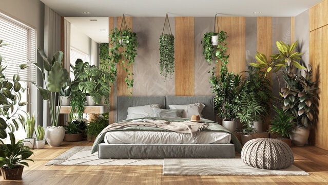 Urban jungle, modern bedroom in white and wooden tones. Master bed, parquet floor and decors, houseplants. Home garden interior design. Love for plants concept