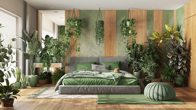Urban jungle, modern bedroom in green and wooden tones. Master bed, parquet floor and decors, houseplants. Home garden interior design. Love for plants concept