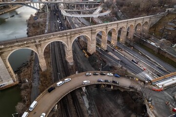 Aerial view over the Highbridge walkway, which crosses the Harlem River in New York during sunrise.