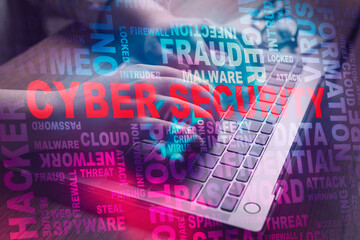 Woman using laptop with colorful VR cyber security interface. Cyber security data protection business technology. Protection against dangers.