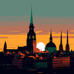 16 bit Copenhagen city sunset, generative ai