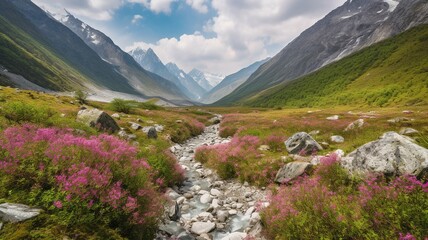 Flower Valley India's National Park. A verdant valley filled with colorful wildflowers that are in full bloom, encircled by magnificent snow-capped hills. In the valley, waterfalls tumble over steep c - obrazy, fototapety, plakaty