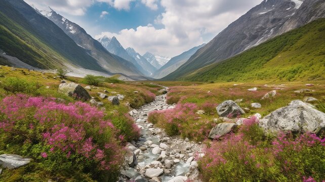 Flower Valley India's National Park. A verdant valley filled with colorful wildflowers that are in full bloom, encircled by magnificent snow-capped hills. In the valley, waterfalls tumble over steep c