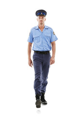 Police man, portrait and officer walking isolated on a transparent png background. Security guard,...