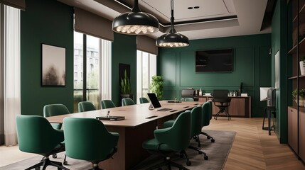 Office interior with modern green chairs and a computer on the table