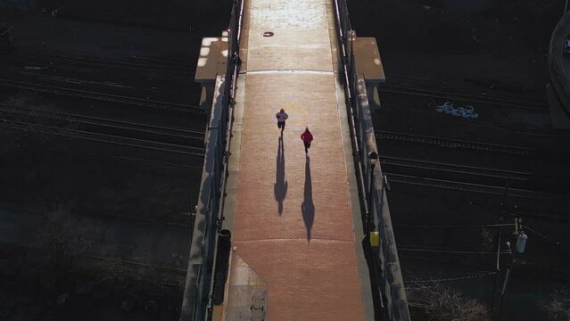 Aerial video of the high bridge walkway, which crosses the Harlem River in New York during sunset