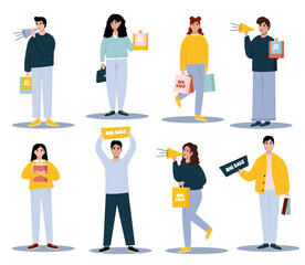 Set of people with shopping bags. Concept of seasonal discounts or big sale. Sale and discount concept. Happy excited people ready for shopping