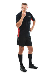 Portrait, referee or serious man blowing whistle as warning or penalty review in sports match or...
